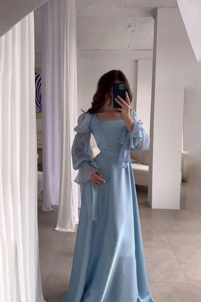 Light Blue Square Collar Belt Flare Sleeve Pleated Long Prom Dress , Formal Gown WLD0366