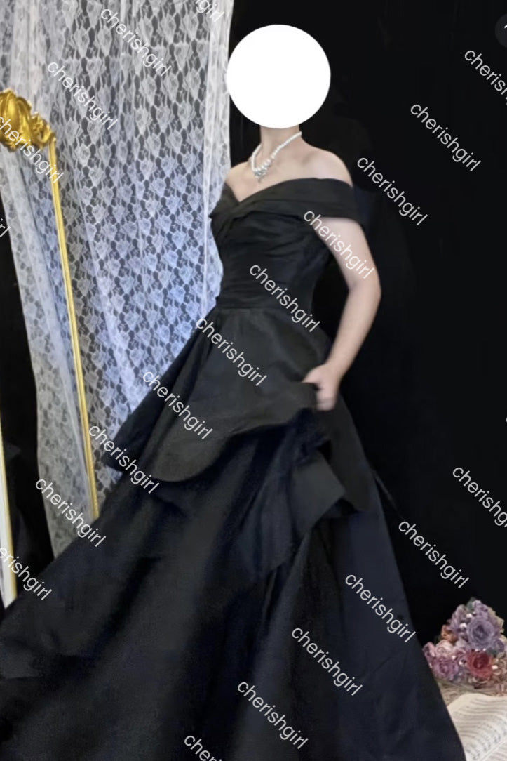 Off-the-Shoulder Black Tulle A-Line Long Prom Dress, Formal Dress CHP0409