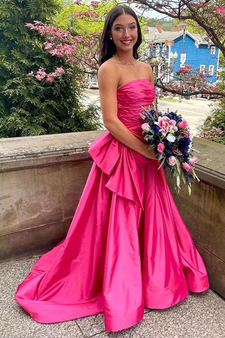 Hot Pink Strapless Satin Long Prom Dress, Tiered Evening Formal Gown With Bowknot WLD0367