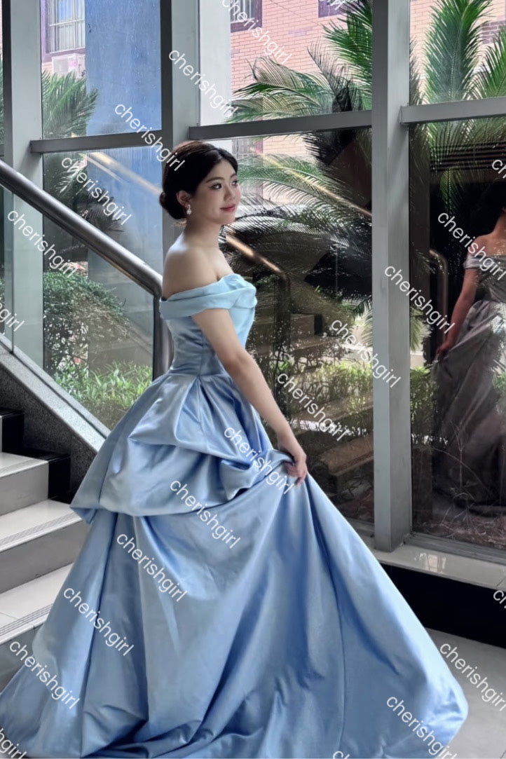 Light Blue Satin Ball Gown Prom Dress With Pleats, Princess Quinceanera Dresses CHP0407