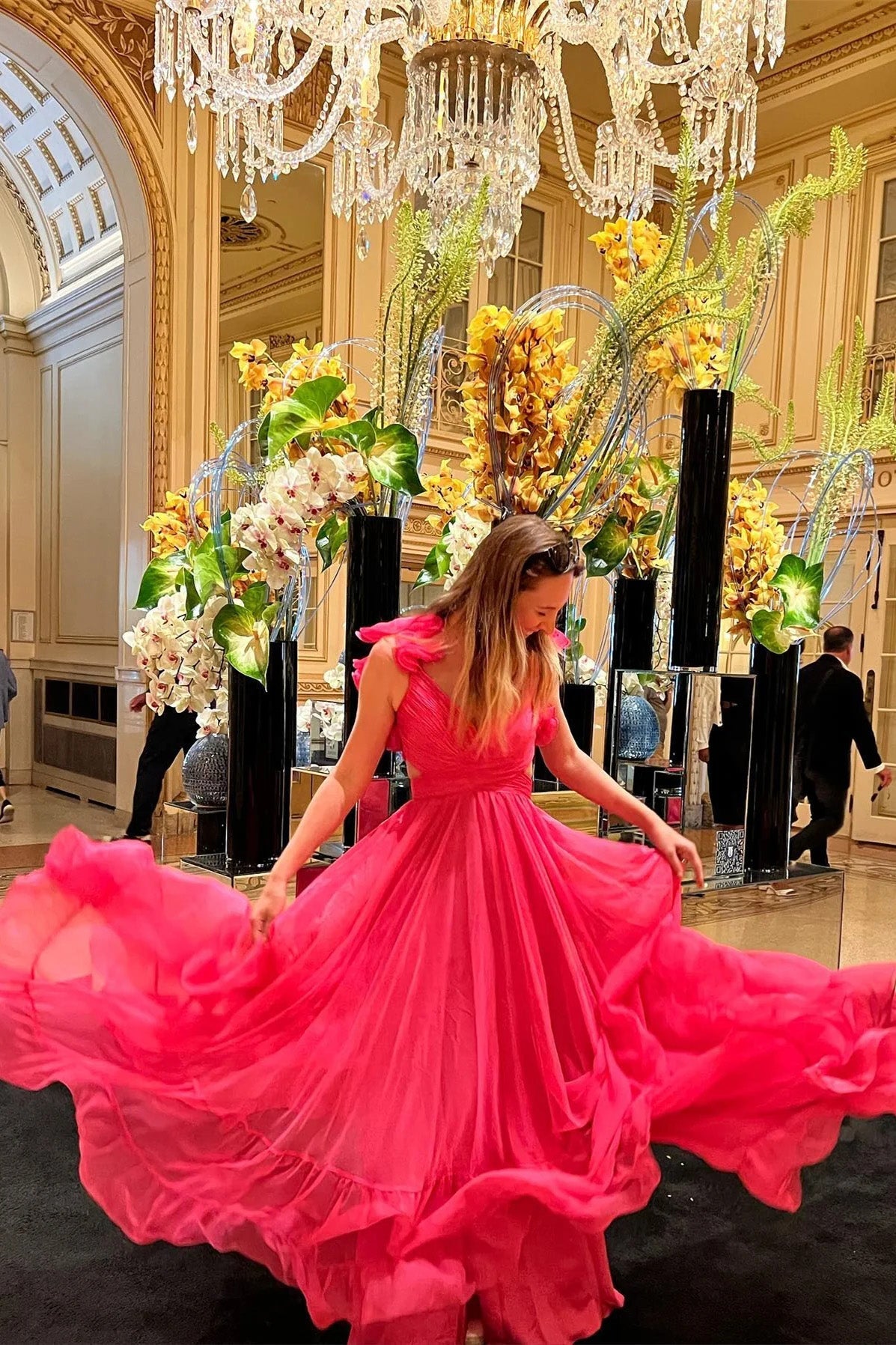 Ruffle Shoulder Plunging V Neck A-line Lace-Up Long Prom Dress WLD0261
