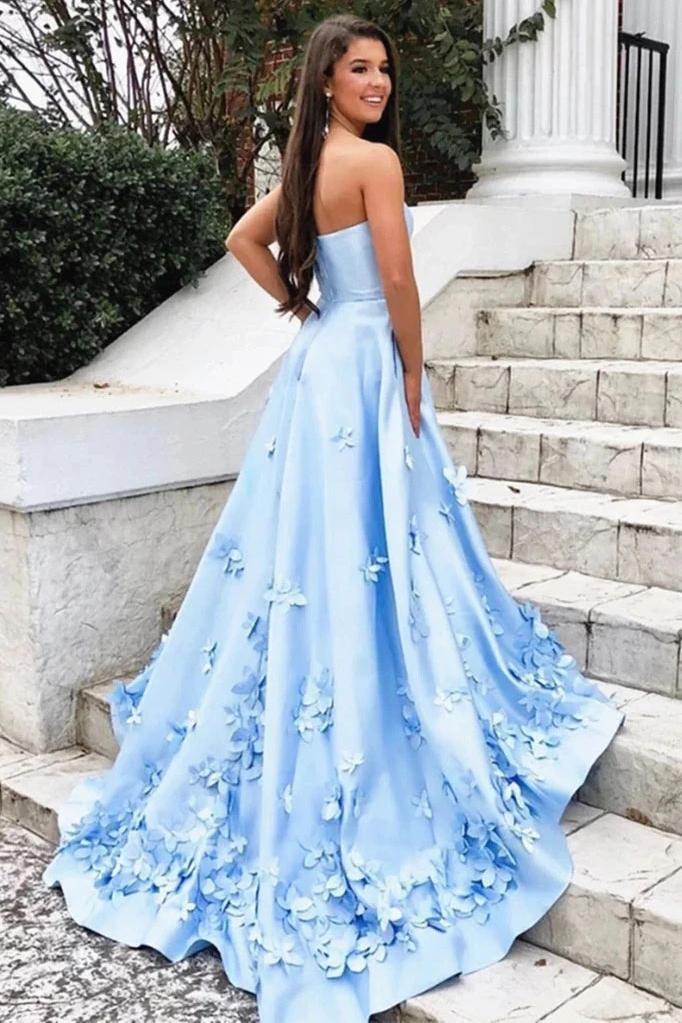 Sky Blue Strapless Satin Prom Dress with Flowers, Elegant Party Dress with Pockets WLD2610