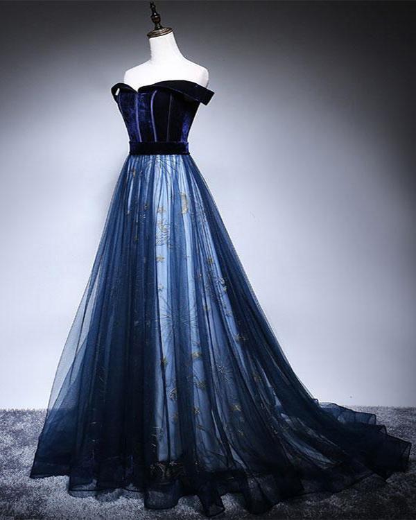 Dark Blue Velvet Tulle Long Prom Dress, Elegant Off the Shoulder Evening Dress with Sleeve WLD2608
