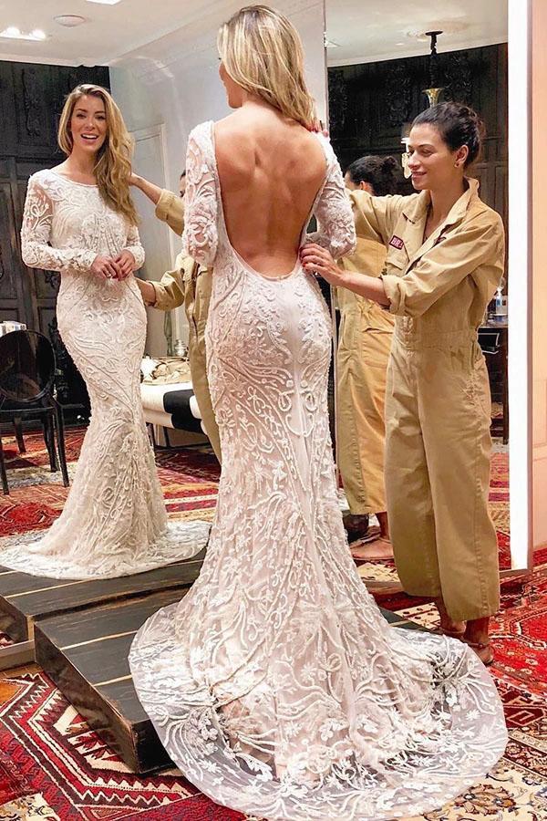 Ivory Backless Long Sleeves Mermaid Wedding Dress, Lace Wedding Dresses WLD2487
