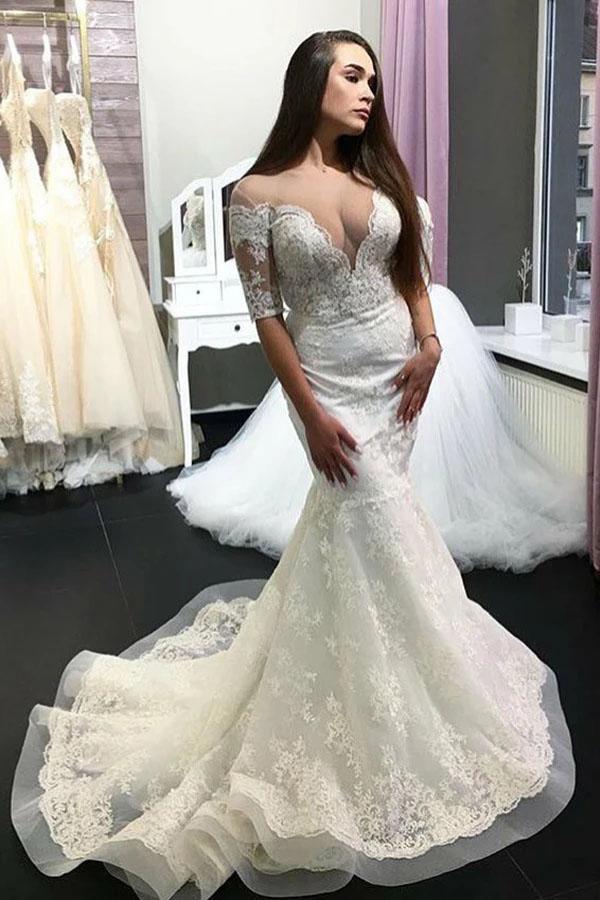Gorgeous Sheer Neck Half Sleeves Lace Appliques Mermaid Long Wedding Dress WLD2484