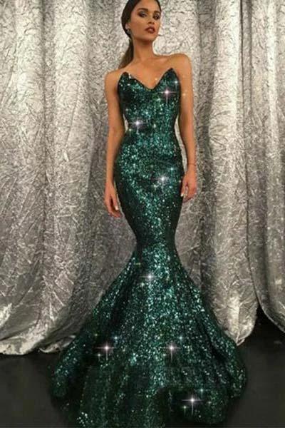 Dark Green Sweetheart Mermaid Sleeveless Floor Length Sequined Prom Dresses WLD2616