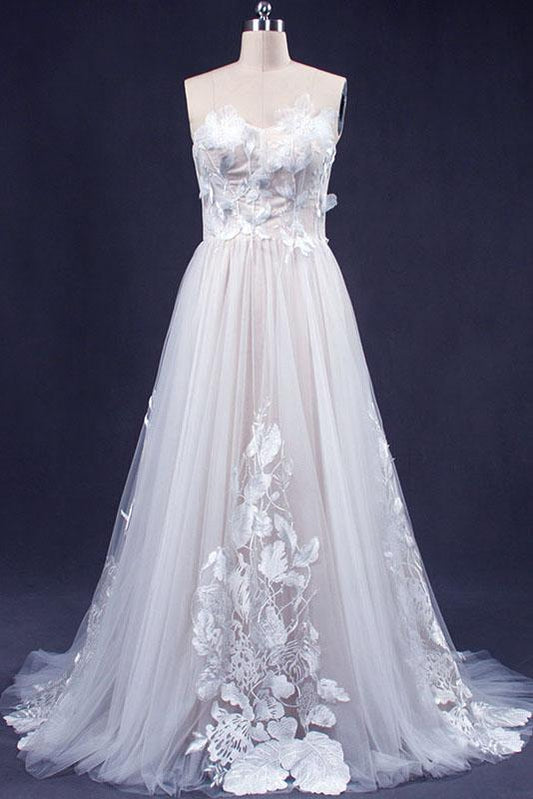 A Line Sweetheart Tulle Appliqued Wedding Dress, Strapless Tulle Bridal Dresses N2349