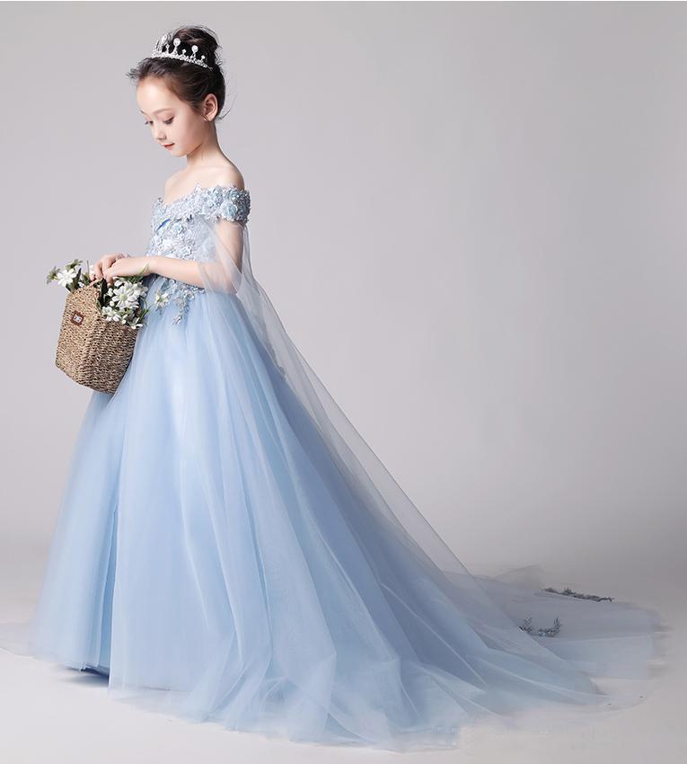 Beauty Blue Off the Shoulder Applique Flower Girl Dresses, Long Sweep Train Flower Girl Dress WLD080