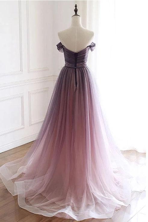 A Line Off the Shoulder Ombre Prom Dresses with Belt, Purple Gradient Long Tulle Formal Dress WLD2436