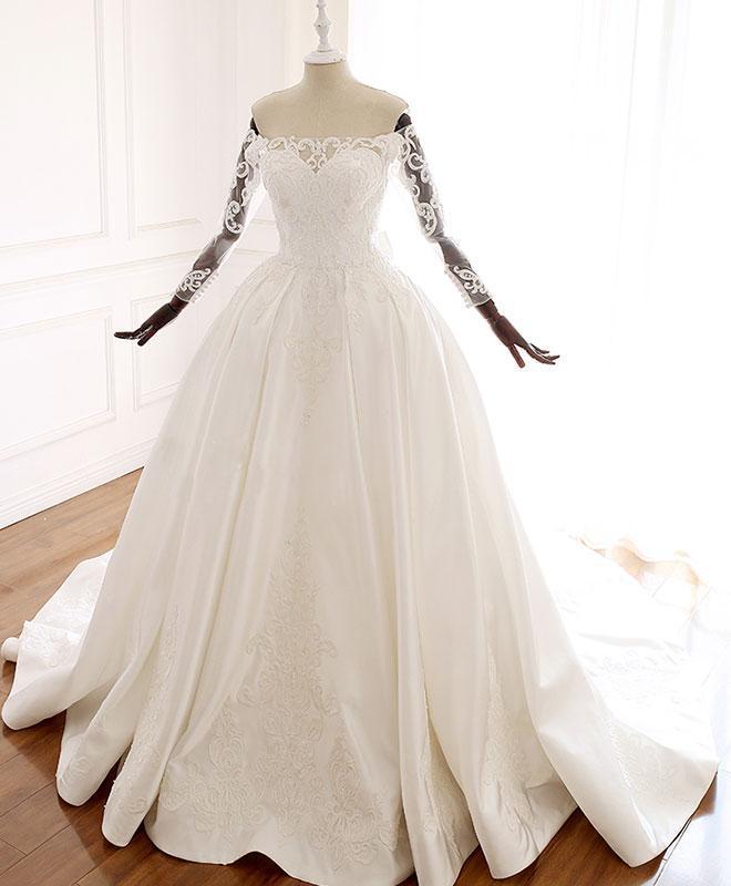 Ball Gown Long Sleeves Wedding Dress with Lace Appliques, Satin Bridal Gown WLD2582