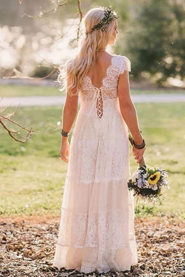 A-Line V Neck Floor Length Cap Sleeves Lace Beach Wedding Dress, Boho Wedding Dresses WLD2495