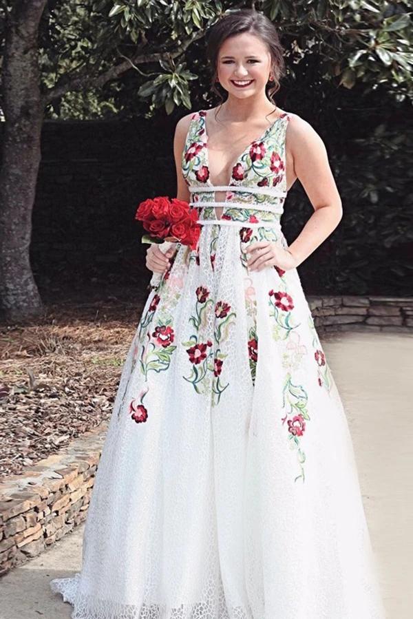 A Line V Neck Ivory Lace Prom Dresses with Flowers, Long Party Dresses with Appliques WLD0001