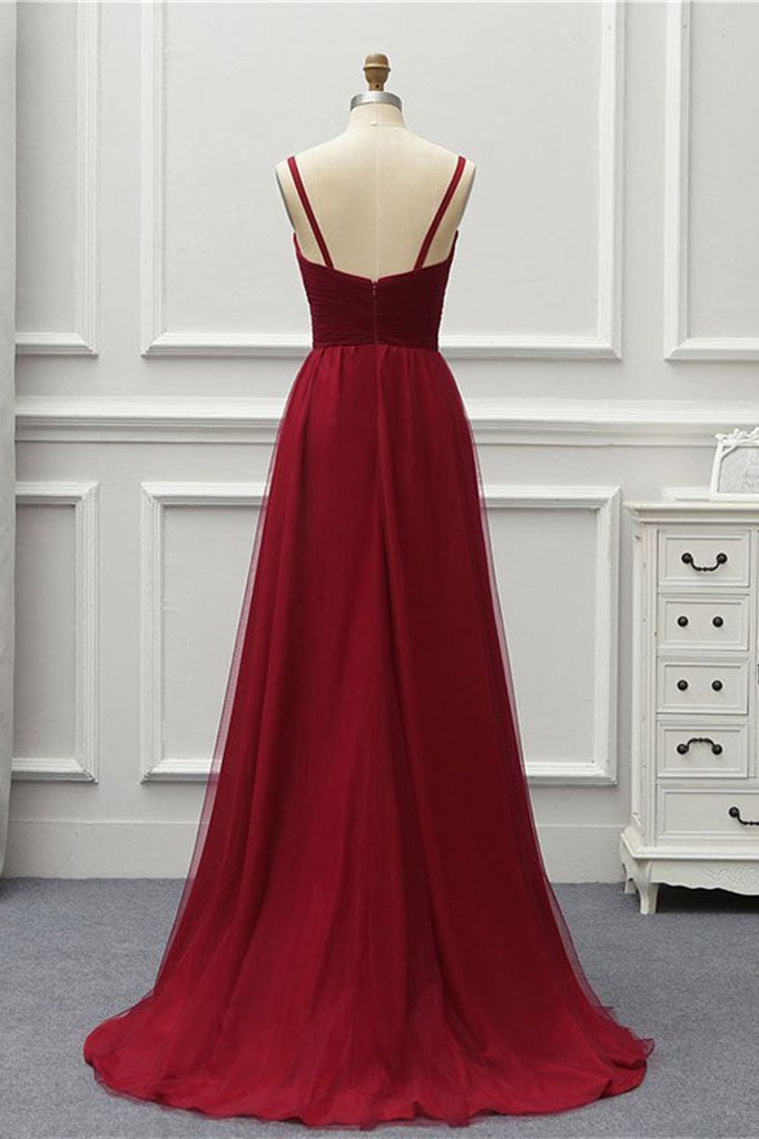 A Line High Low Tulle Prom Dress with Train, Burgundy V Neck Backless Formal Dress WLD1692