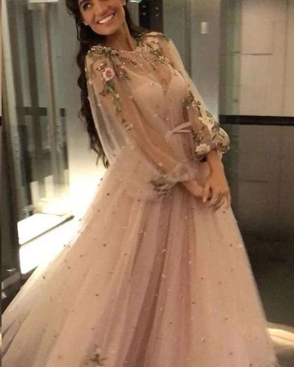 Unique Long Sleeves Tulle Prom Dress with Flowers, Charming Formal Dress with Flowers WLD2612
