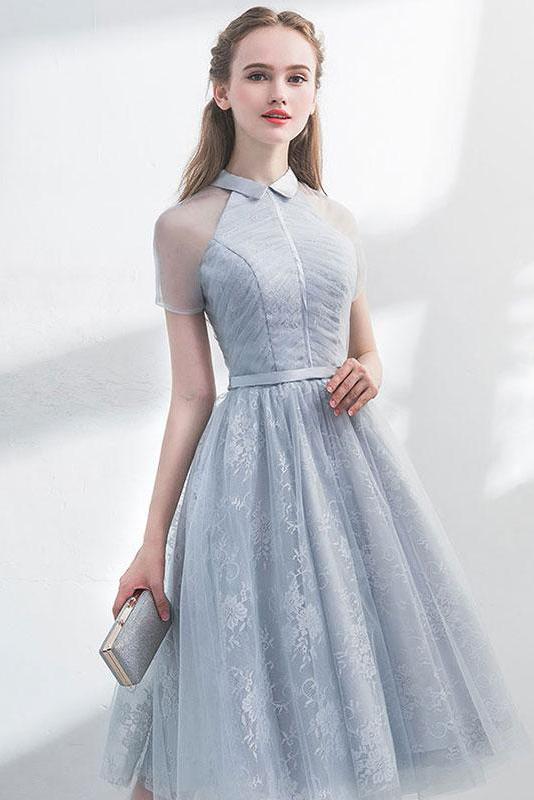 A Line Short Sleeves Tulle Homecoming Dress with Lace, Cute Short Prom Dress with Lace UQ1908