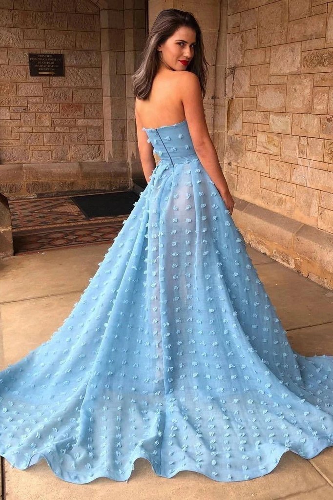 A Line Strapless Split Sweep Train Long Prom Dress, Unique Blue Formal Dresses UQ2577