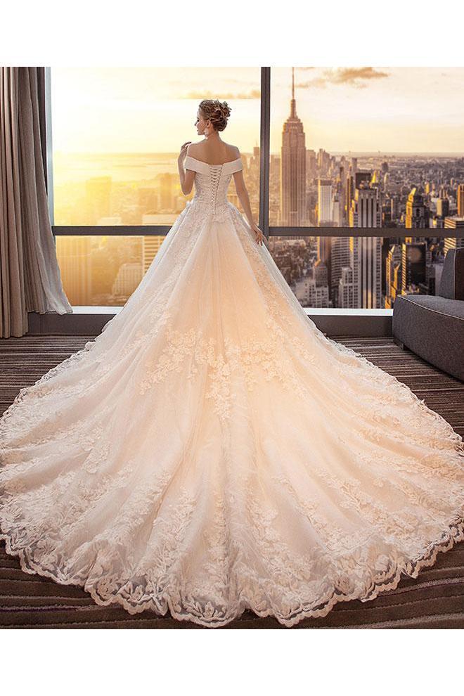 Gorgeous Off the Shoulder Lace Long Train Wedding Dresses, Princess Bridal Dresses WLD2581