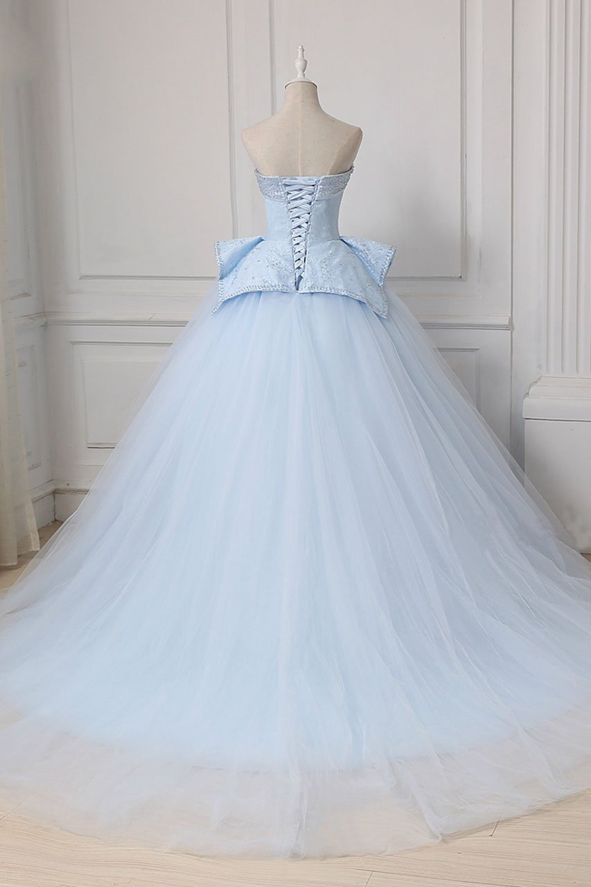 Light Blue Sweetheart Ball Gown Beading Tulle Prom Dress, Sweep Train Quinceanera Dress UQ2540