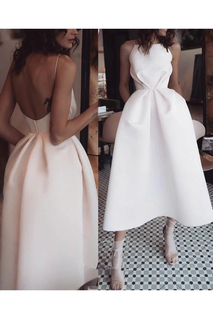 Elegant Tea Length Satin Party Dress, Simple Spaghetti Straps Backless Prom Dress With Pockets WLD0106