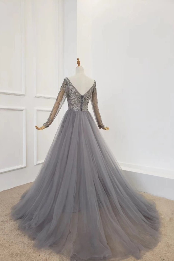 A Line V Neck Long Sleeves Tulle Gray Prom Dress with Beading, Cheap Party Dresses WLD2578