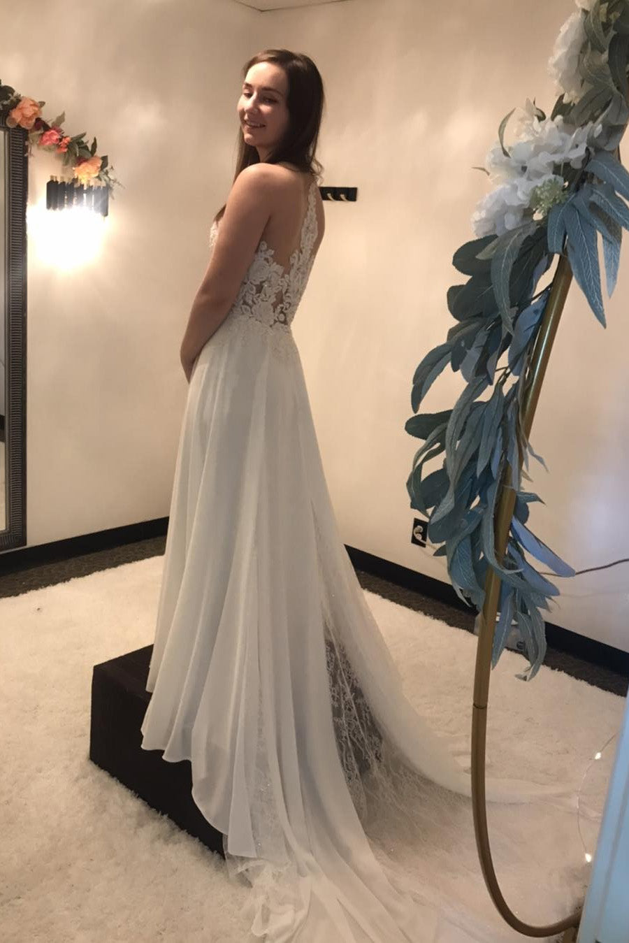 Elegant A-Line V-Neck Wedding Dresses With Lace Appliques, Bridal Dress WLD0190
