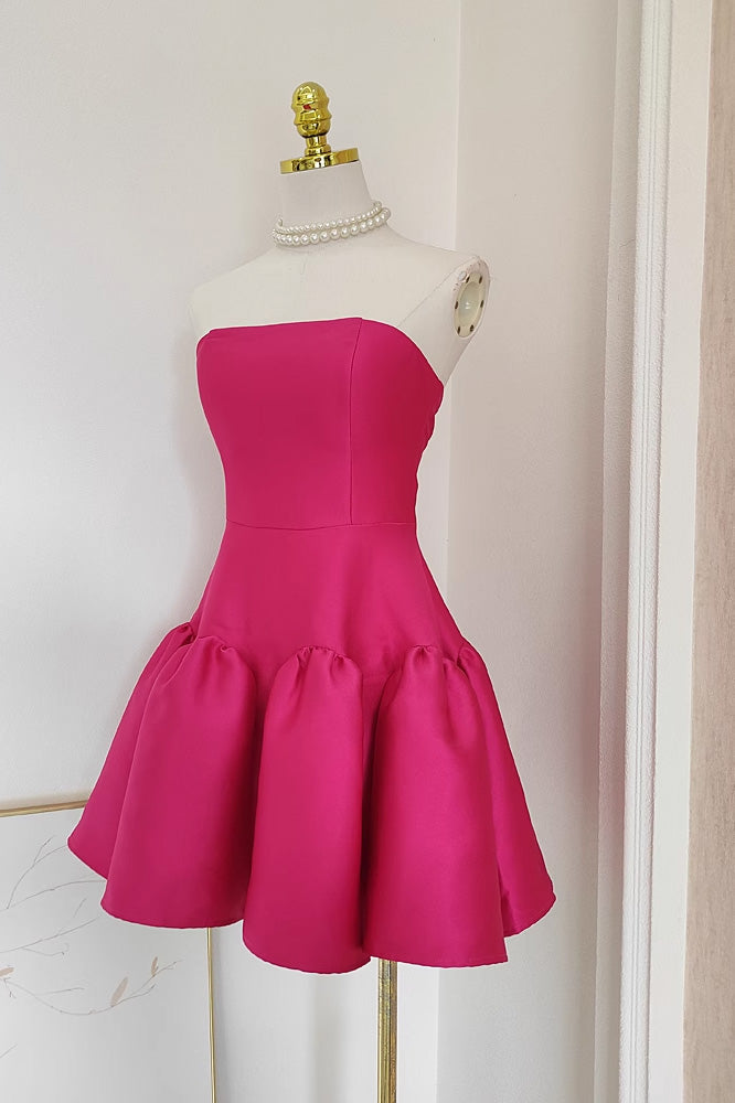 A line Strapless Hot Pink Satin Short Homecoming Dresses Birthday Outfits CHH0186