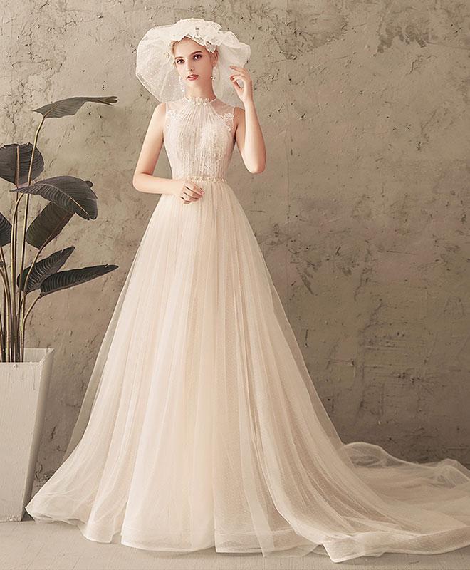 Ivory Jewel Sleeveless Tulle Wedding Dress with Lace, A Line Pleats Open Back Bridal Dress WLD2583