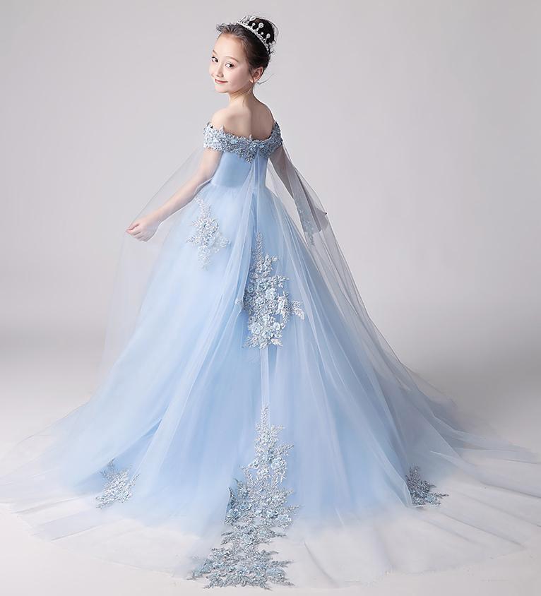 Beauty Blue Off the Shoulder Applique Flower Girl Dresses, Long Sweep Train Flower Girl Dress WLD080