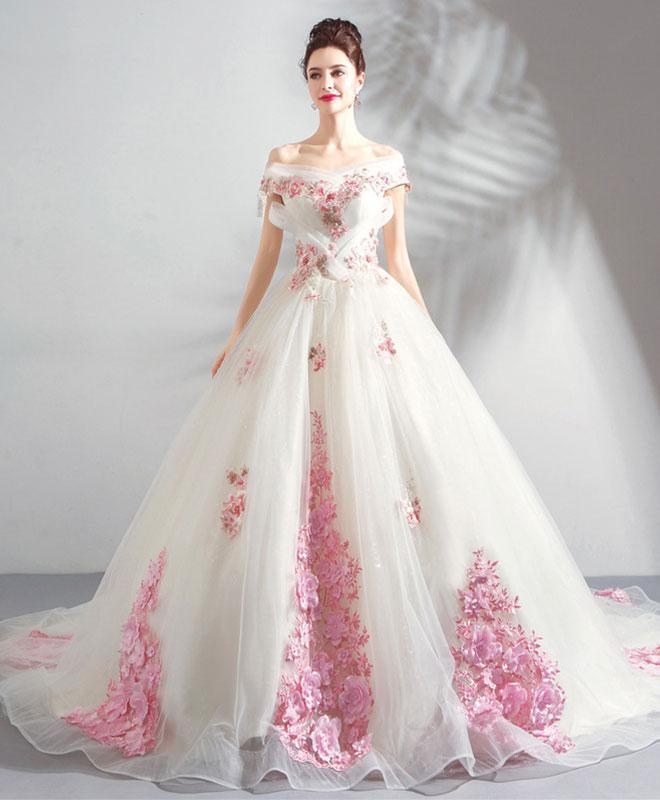 Unique Off the Shoulder Tulle Wedding Dress with Pink Flowers, Ball Gown Wedding Gown WLD2584