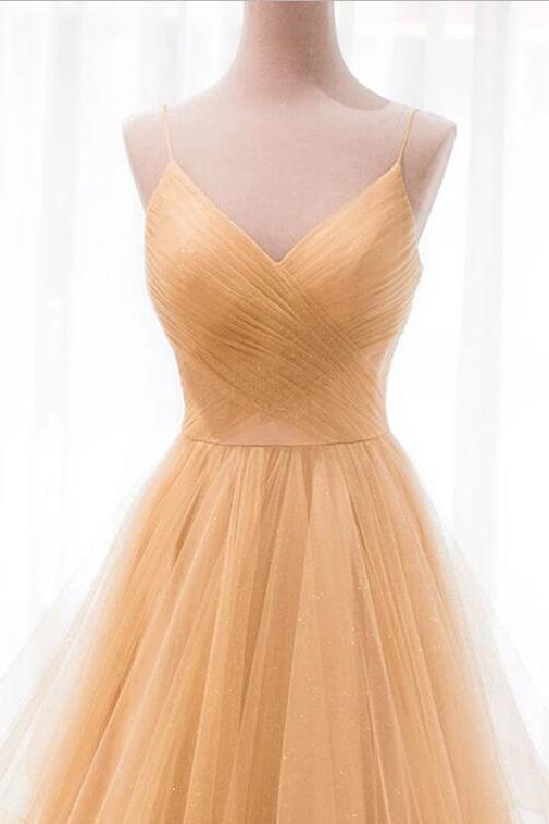 Spaghetti Straps V Neck Sparky Long Prom Dress, Backless Pleated Tulle Party Dresses WLD2587