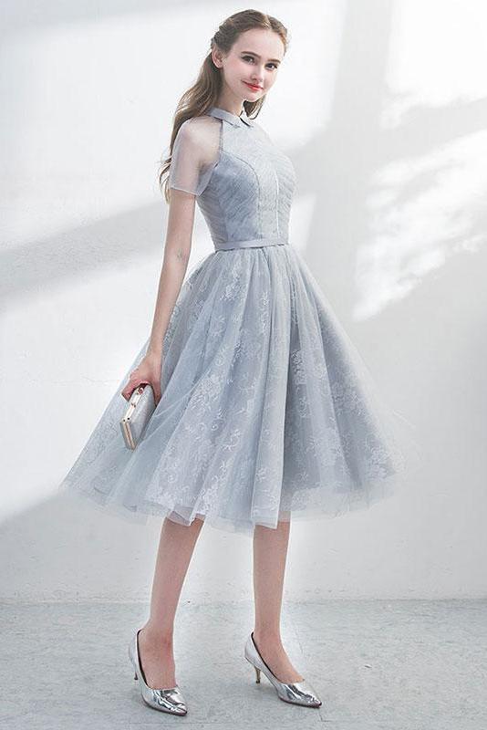 A Line Short Sleeves Tulle Homecoming Dress with Lace, Cute Short Prom Dress with Lace UQ1908