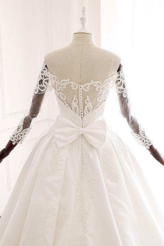 Ball Gown Long Sleeves Wedding Dress with Lace Appliques, Satin Bridal Gown WLD2582