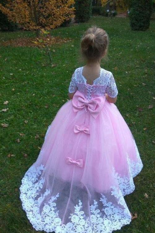 Ball Gown Cute Short Sleeves Long Flower Girl Dress, Lace Appliques Bow Flower Girl Dresses WLD079