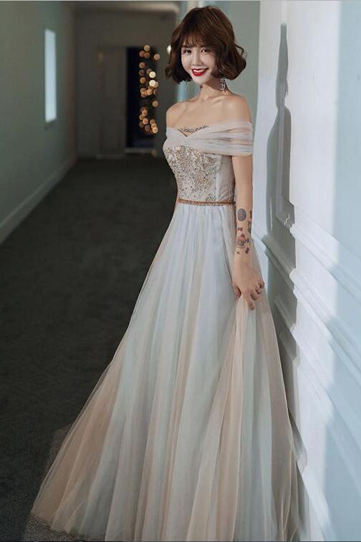 Light Gray Tulle Lace Long Prom Dress, Floor Length Off the Shoulder Formal Dresses WLD2579