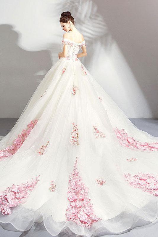 Unique Off the Shoulder Tulle Wedding Dress with Pink Flowers, Ball Gown Wedding Gown WLD2584