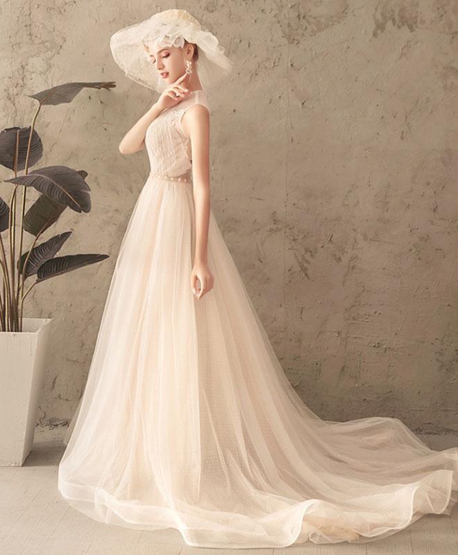 Ivory Jewel Sleeveless Tulle Wedding Dress with Lace, A Line Pleats Open Back Bridal Dress WLD2583