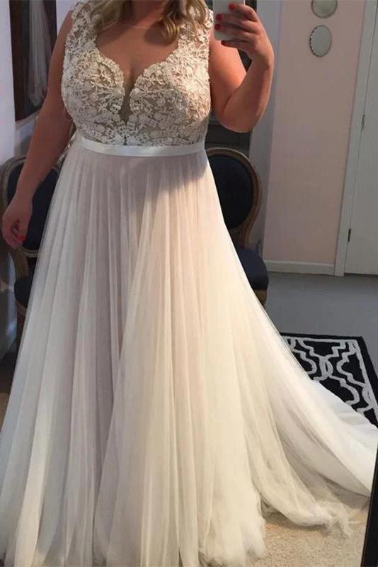 A Line Sleeveless Tulle Plus Size Prom Dress with Lace, Brush Train Tulle Plus Size Dresses WLD2219