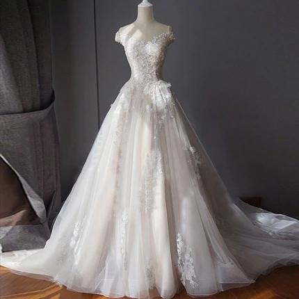 Stunning Off the Shoulder Tulle Wedding Dress with Lace Applique, Bridal Dress with Long Train WLD2522