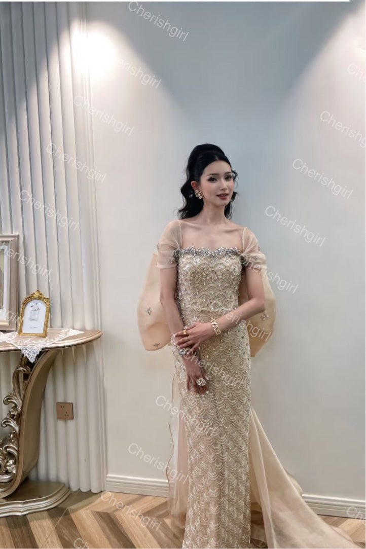 Unique A-Line Square Long Prom Dress With Beading, Formal Dress CHP0410