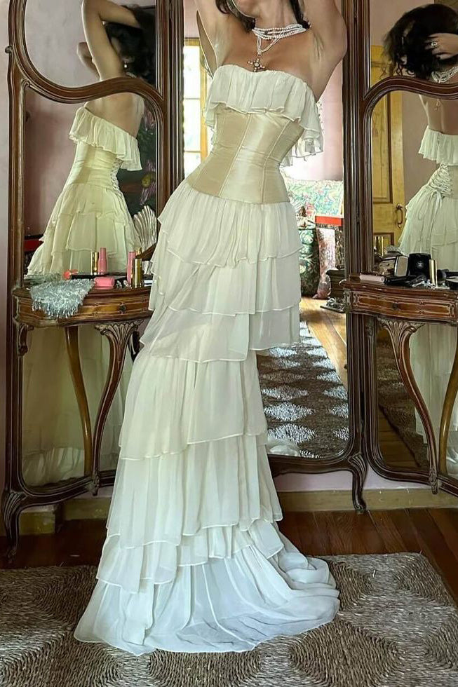 Modest Sheath Strapless Chiffon Sleeveless Ivory Long Prom Dress Evening Dresses CHP0377