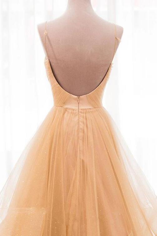 Spaghetti Straps V Neck Sparky Long Prom Dress, Backless Pleated Tulle Party Dresses WLD2587