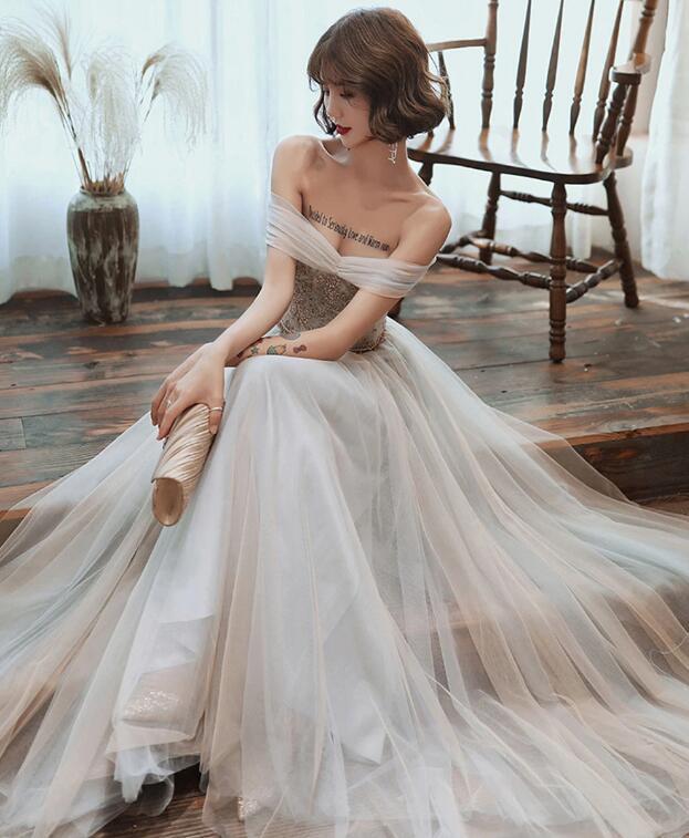 Light Gray Tulle Lace Long Prom Dress, Floor Length Off the Shoulder Formal Dresses WLD2579
