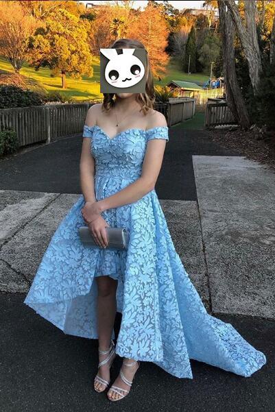 A Line High Low Lace Homecoming Dress, Beautiful Off the Shoulder Prom Dresses N1894