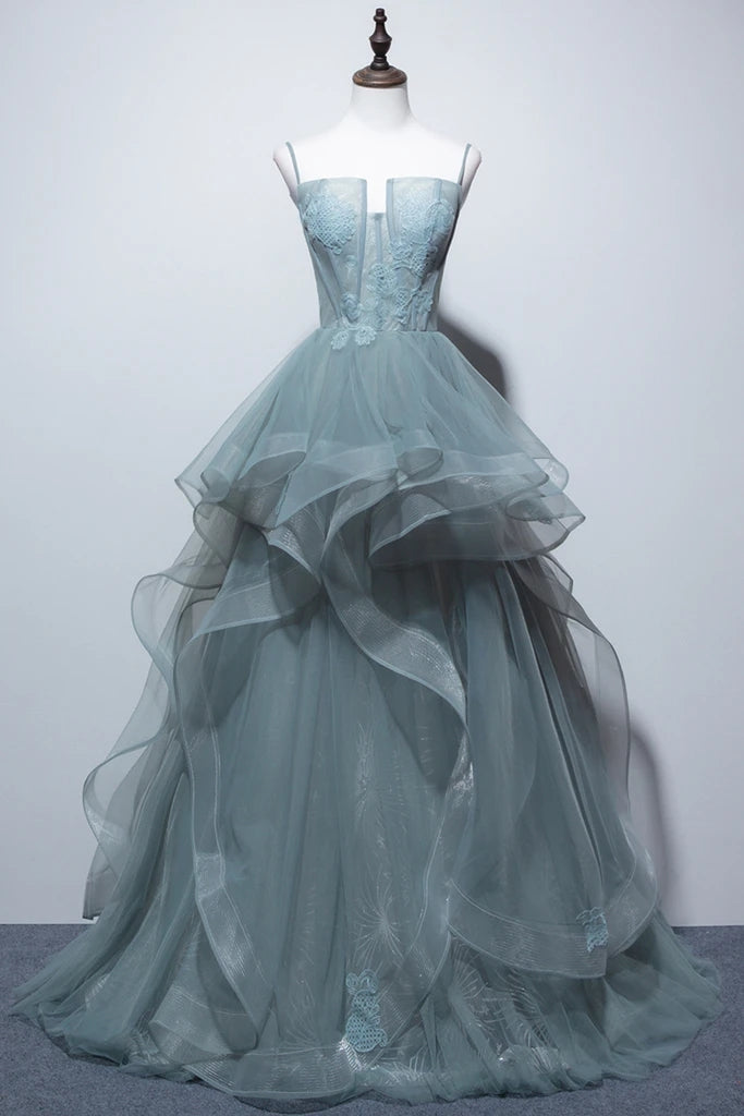 New Arrival A Line Spaghetti Straps Tulle Long Formal Prom Dress, Charming Evening Party Dress WLD0052