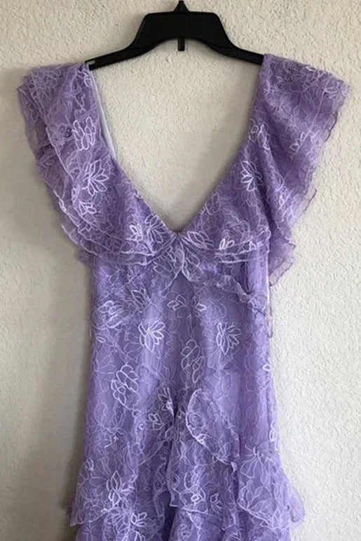 Lilac Lace V-neck Long Prom Dress Evening Gown Party Dress CHP0422