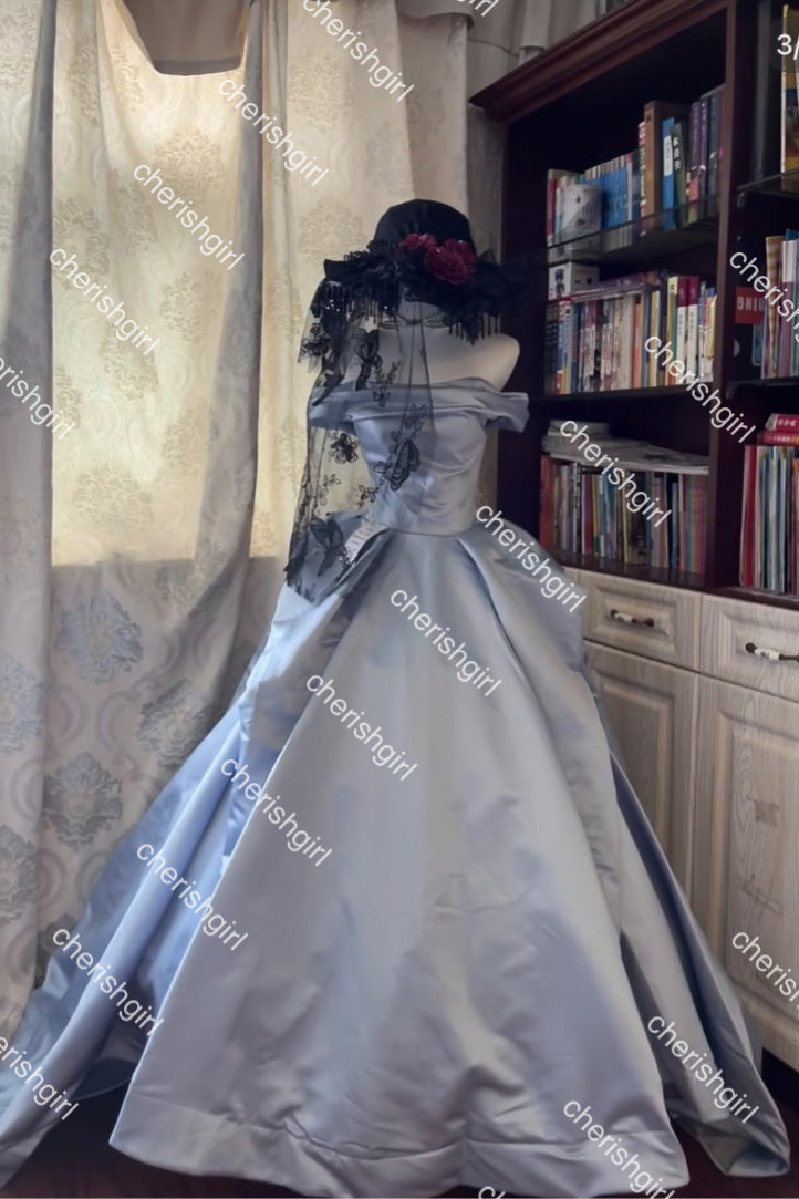 Light Blue Satin Ball Gown Prom Dress With Pleats, Princess Quinceanera Dresses CHP0407