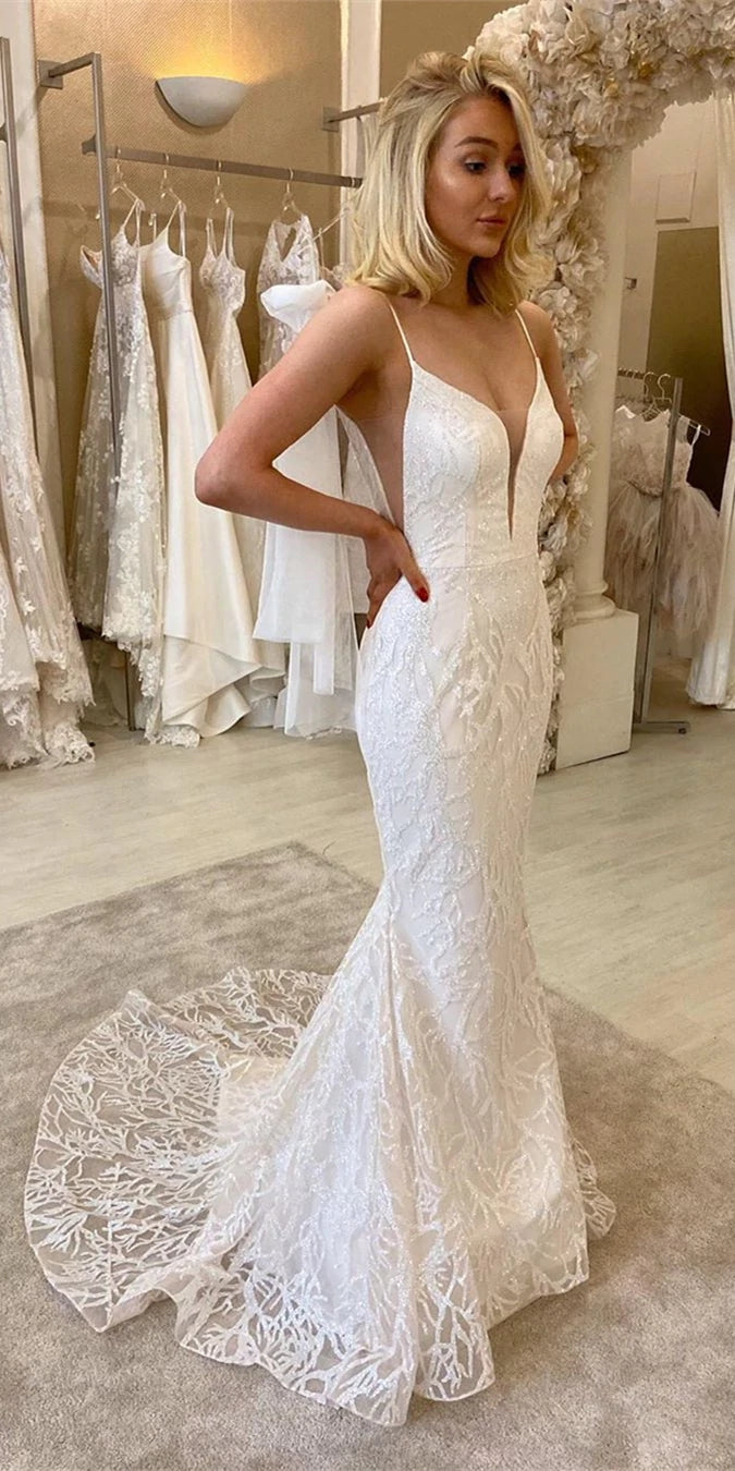 Elegant 2 Pieces Mermaid Sequin lace V-neck Wedding Dresses,Newest Bridal Gown WLD0041