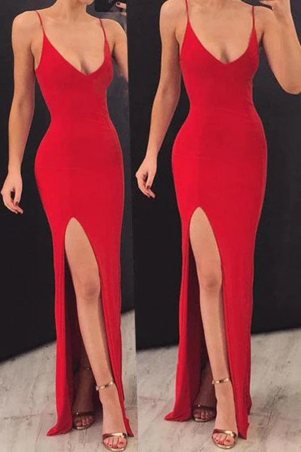 Red Spandex Sheath V Neck Spaghetti Straps Long Prom Dresses WLD0251