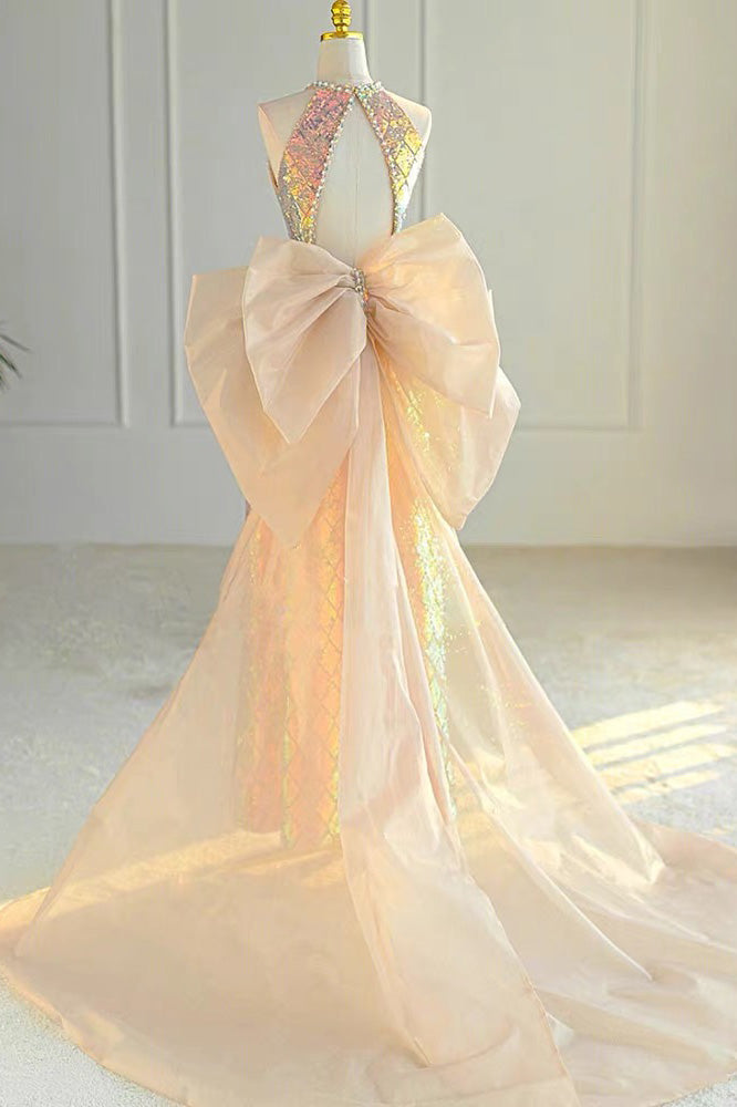 Unique Halter A Line Prom Dress, Open back Evening Gown With Bowknot CHP0350