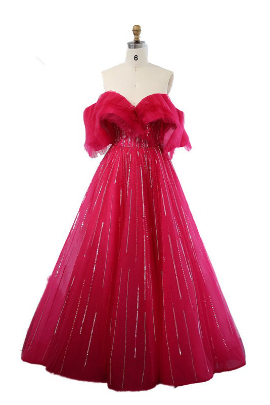 Hot Pink Off The Shoulder Long Prom Dress, A Line Party Dresses With Sequin WLD0266